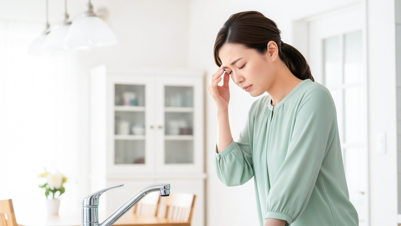 鉄欠乏性貧血の初期症状である頭痛や立ちくらみを感じる女性