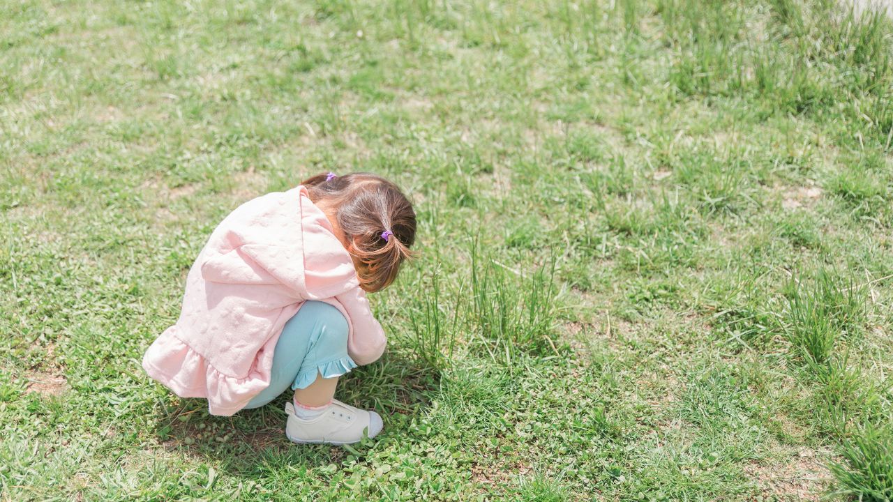 草むらでしゃがみこむ子ども。赤ちゃん期からの鉄分不足は、運動や集中力にも影響する可能性がある