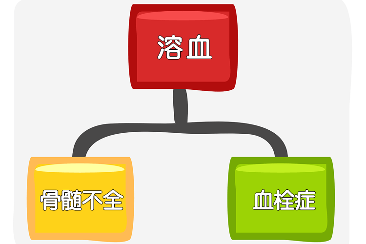 溶血・骨髄不全・白血球減少などを示すフローチャート。PNHは造血幹細胞にPIGA遺伝子変異が起こることが発症要因とされる希少疾患