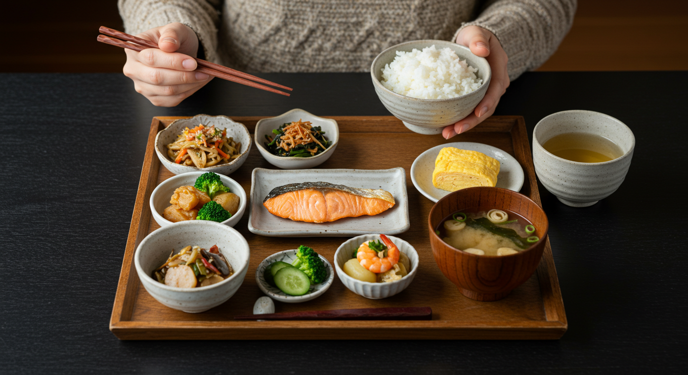 栄養バランスの取れた食事が並ぶ食卓。鉄分を含む食品の摂取を意識した食生活のイメージ。