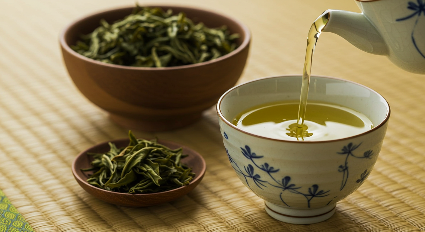 緑茶と茶葉。タンニンが鉄分の吸収を妨げるため、飲むタイミングに注意