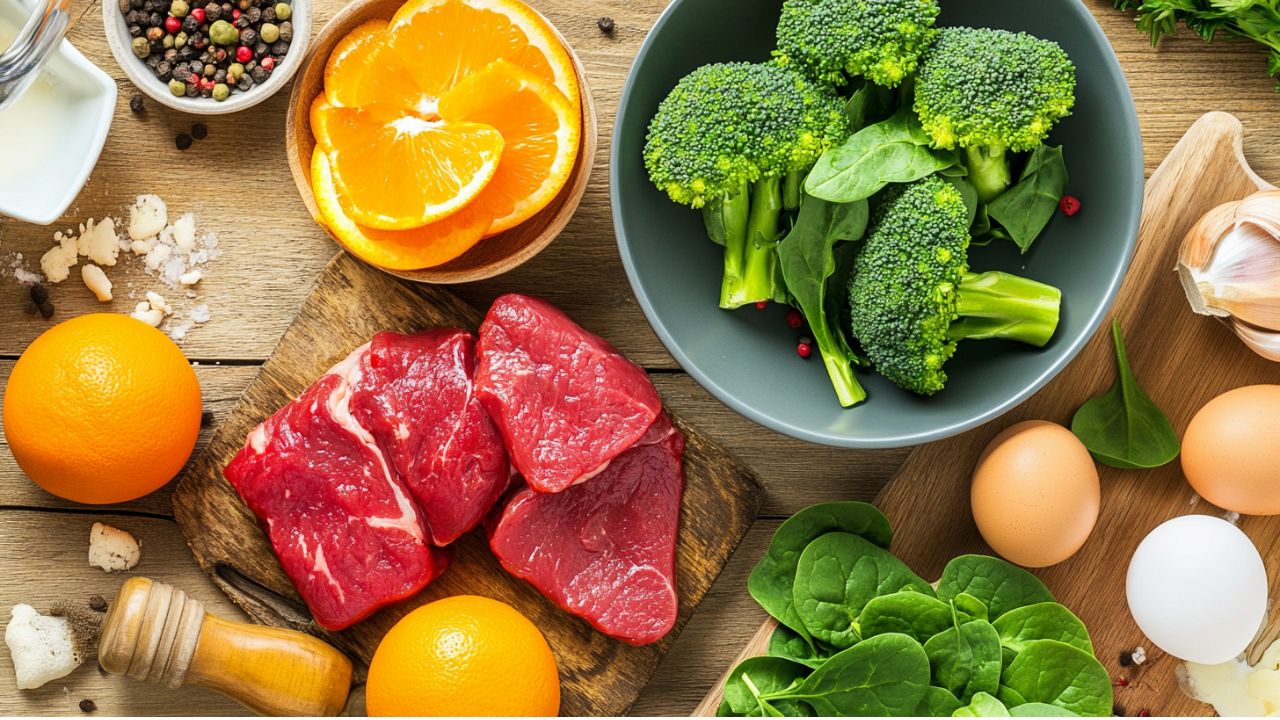 鉄分を含む食材とバランスの取れた食事。健康的な食生活の基本