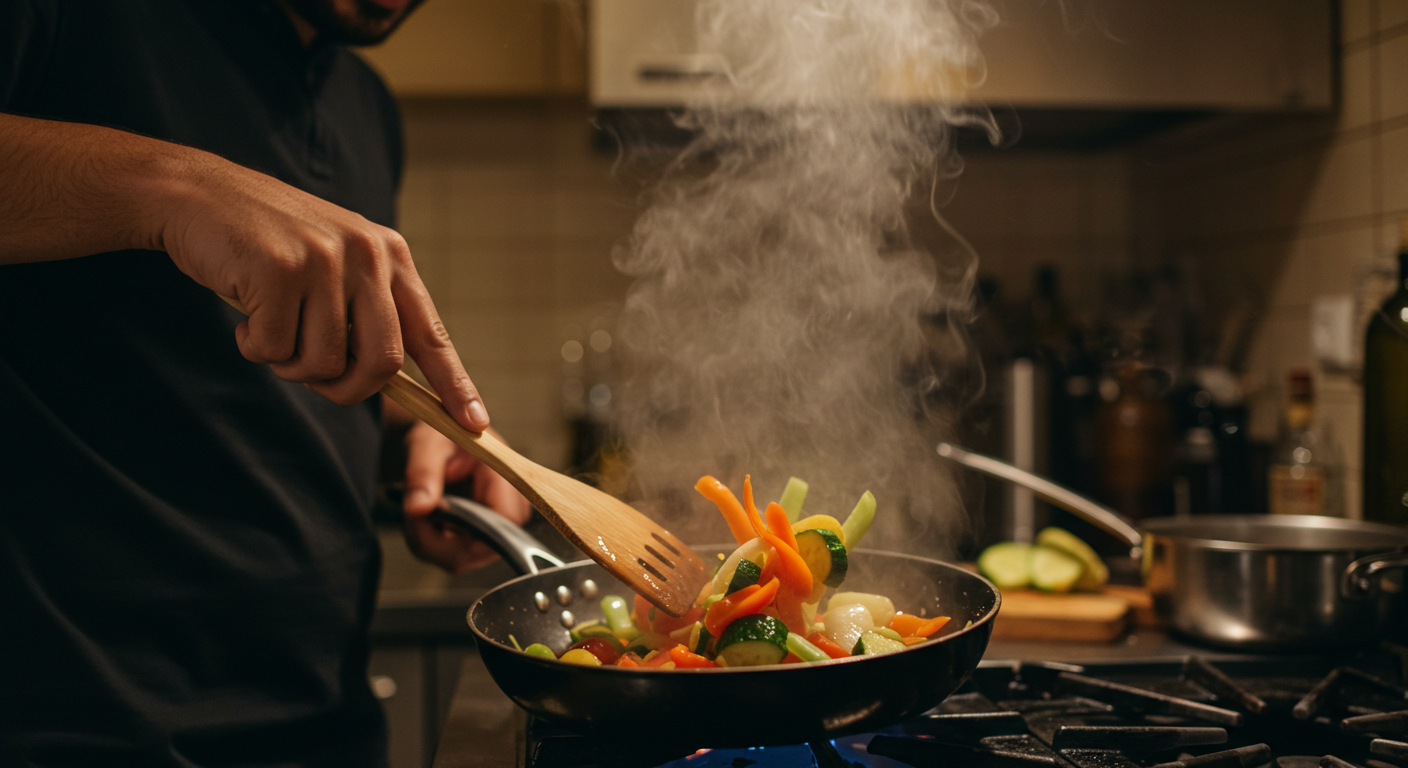 フライパンで野菜を炒める手元。健康的な食事の準備や栄養管理のイメージ。