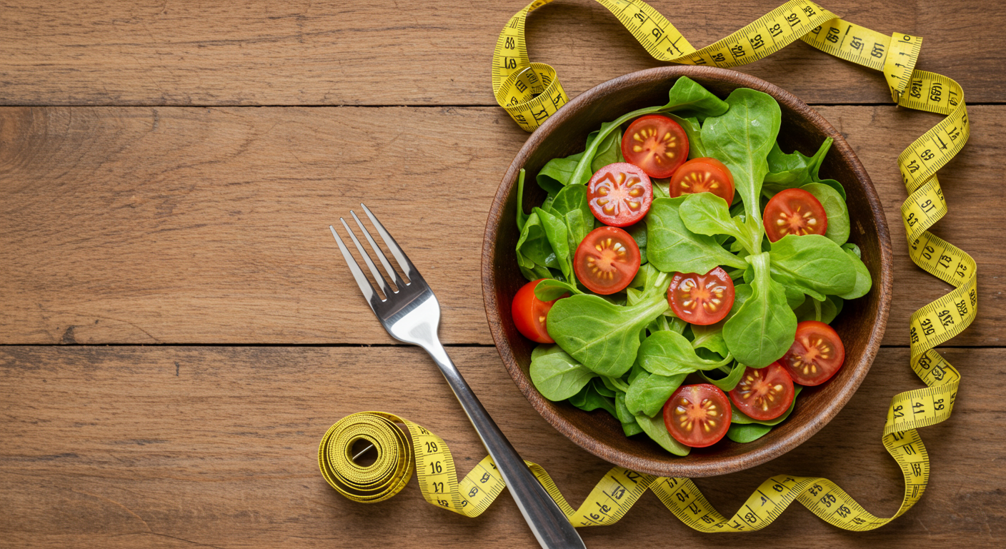 リーフサラダと巻尺が並ぶ食卓のイメージ。鉄分を含む食材を使った食事管理は、貧血予防と体調改善に重要。