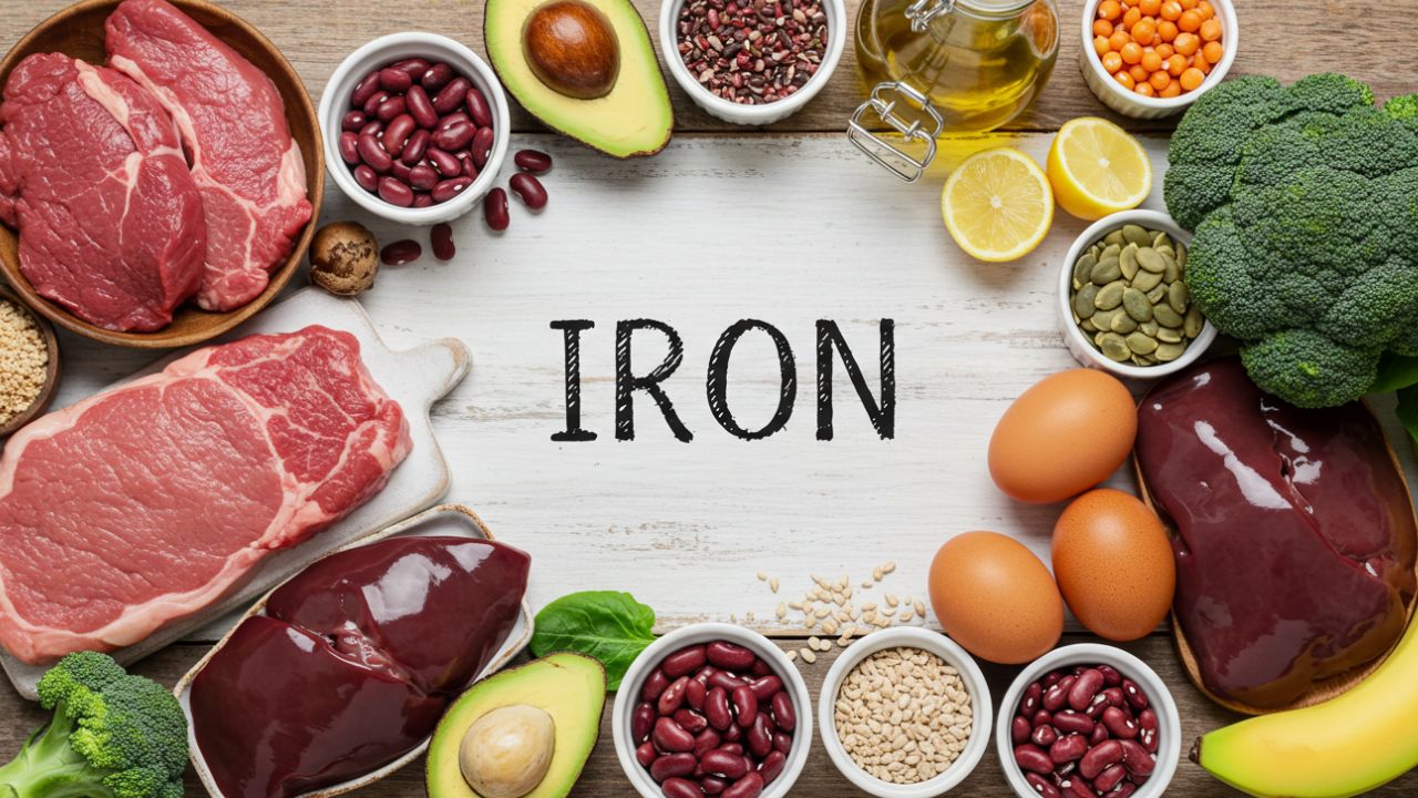 鉄分を多く含む食材（肉・野菜・果物）とIRONの文字。肌荒れ対策として貧血を防ぐ食生活が重要