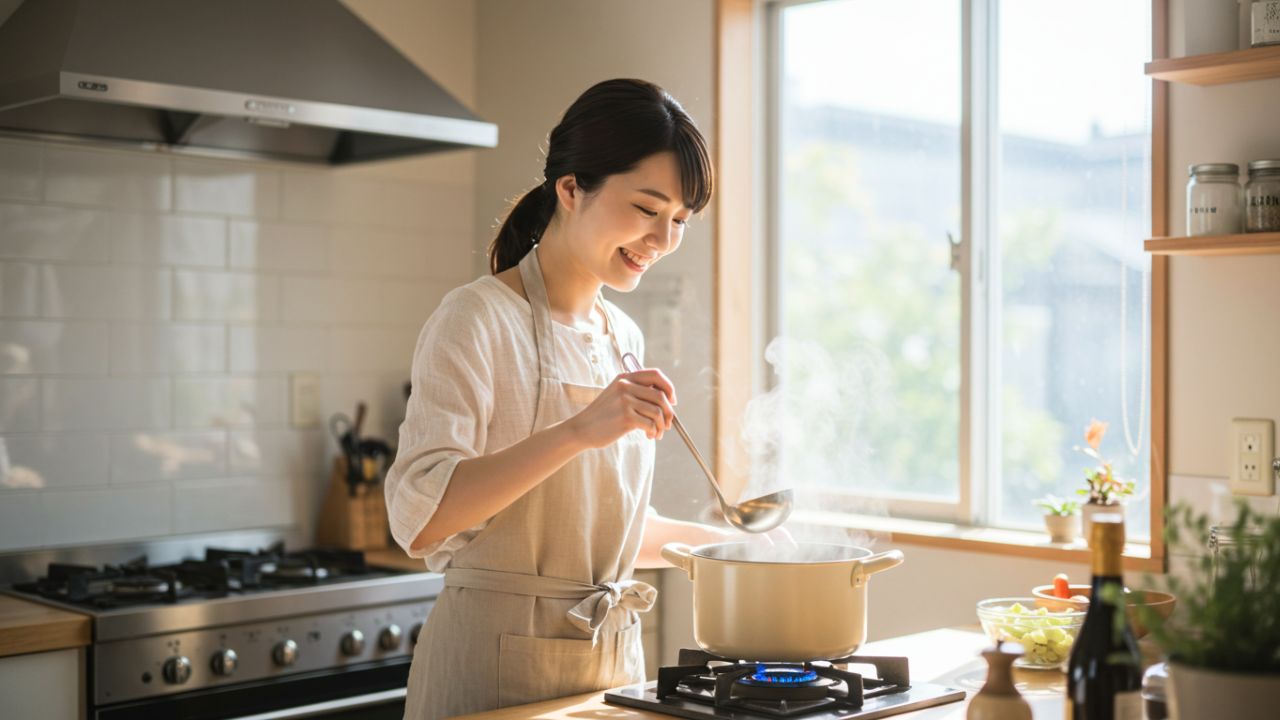 キッチンで料理をする女性。鉄分の推奨摂取量を意識して、毎日の食事で効率的に鉄分を補う工夫が大切