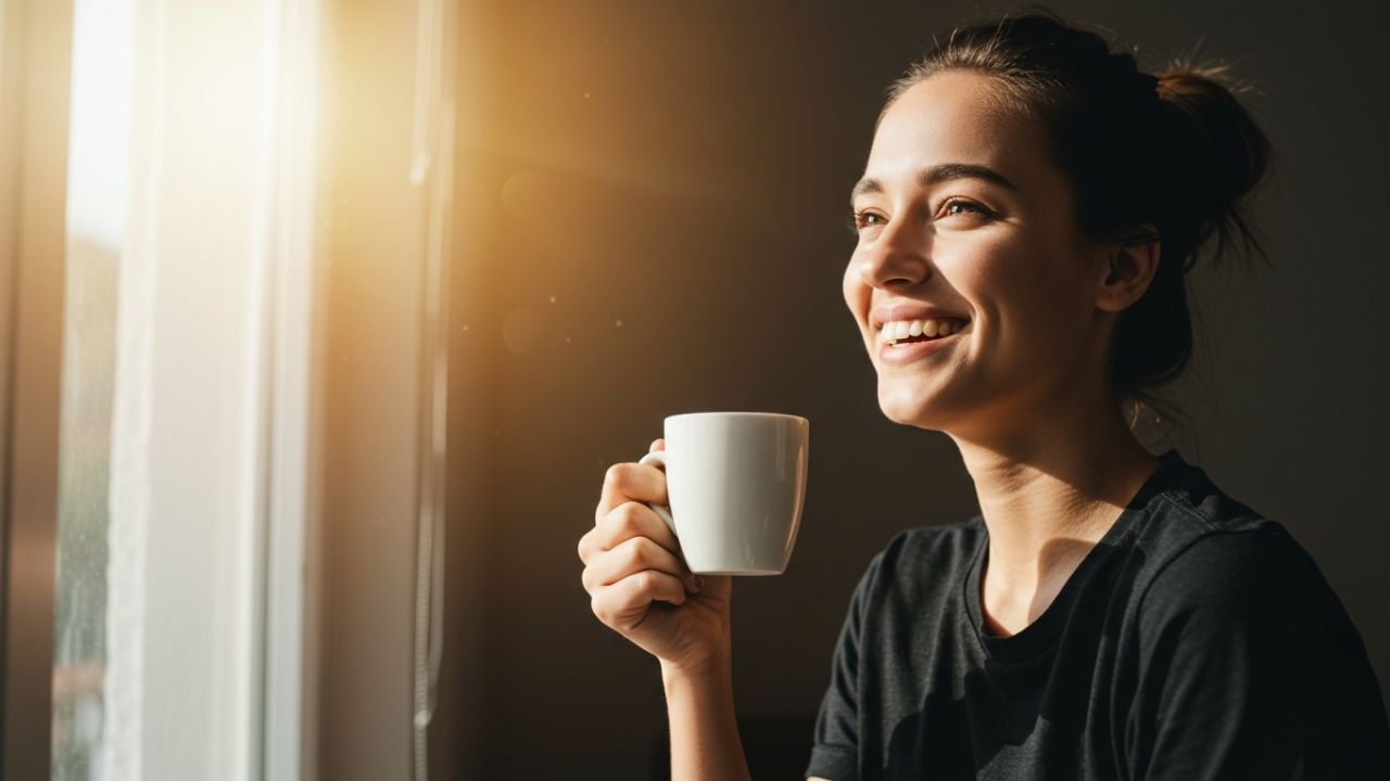 お茶を飲みながらリラックスする女性。健康習慣やリラックスの重要性を伝えるイメージ。