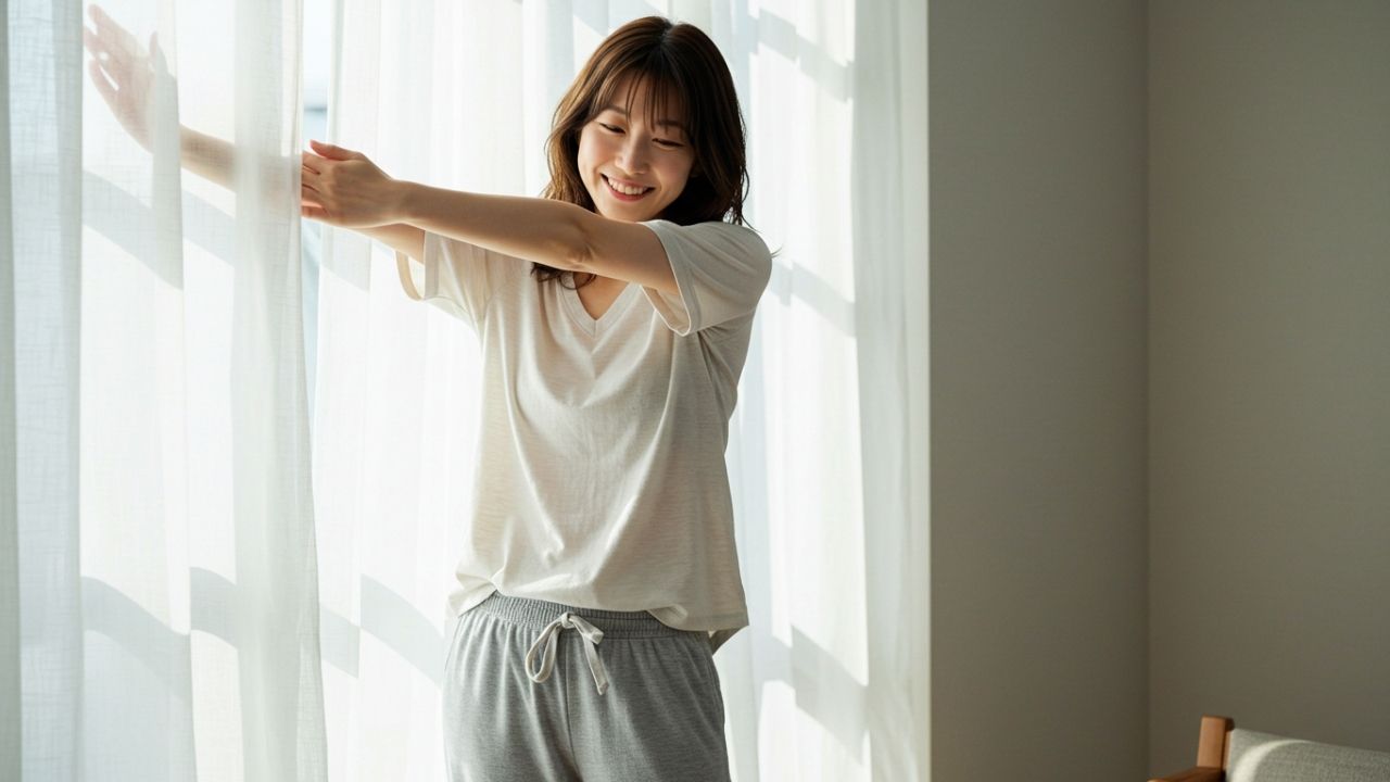 朝の室内でカーテンを開けながらストレッチする女性。生活習慣を整え、めまいの予防や改善を意識した健康的な朝のスタート