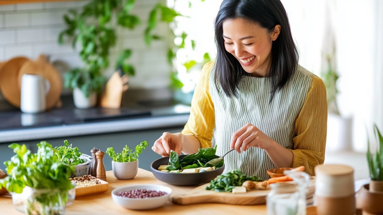 健康を意識して毎日の料理に取り組む女性。鉄分を毎日効率よく摂取するためには、調理や栄養の工夫が必要