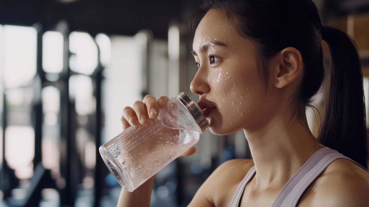 鉄分補給用の飲料を手にする女性ランナー。スポーツ貧血対策として、栄養サポートやサプリメント摂取が効果的とされている