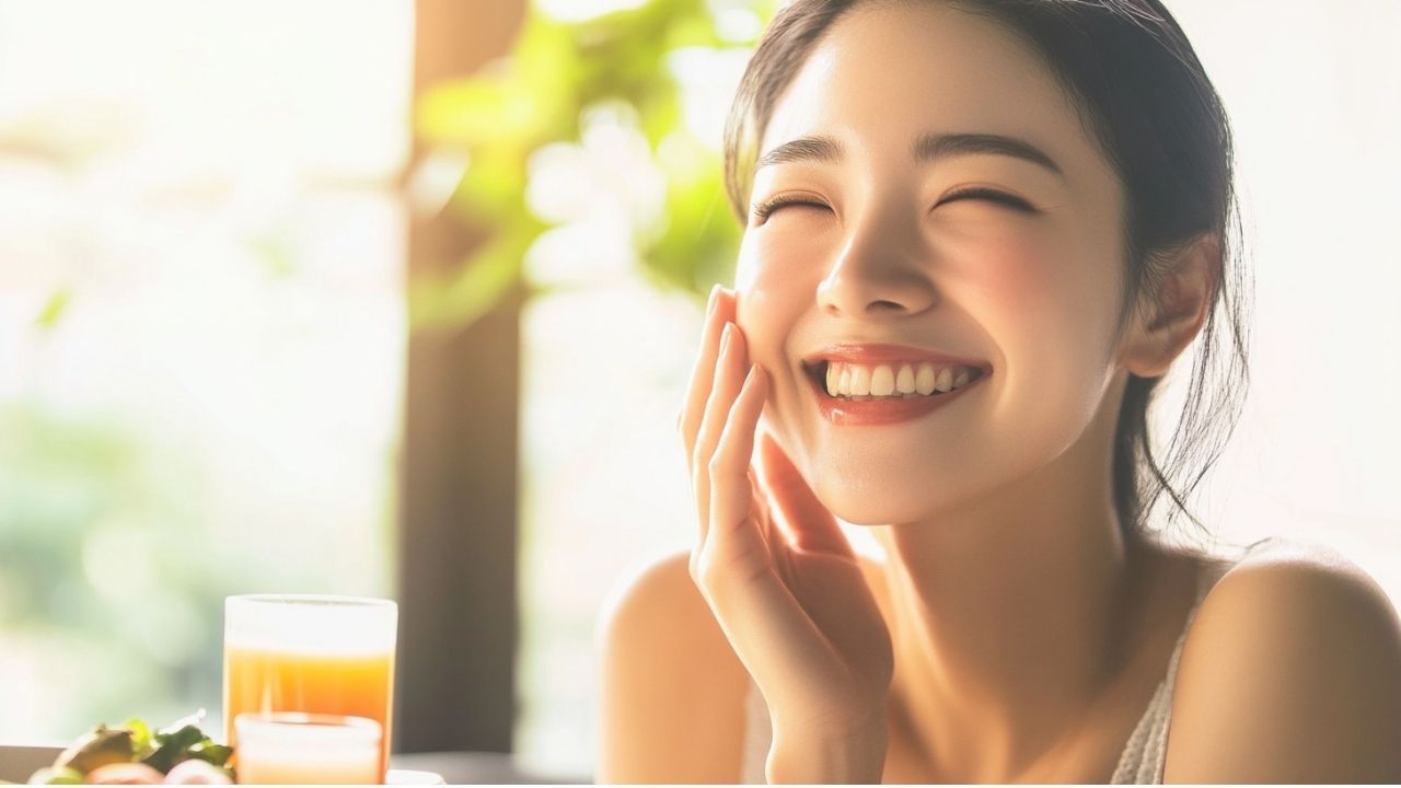 肌荒れが改善し笑顔で頬をおさえる女性。貧血対策と鉄分補給によって内側から肌を整える美容法の効果を実感