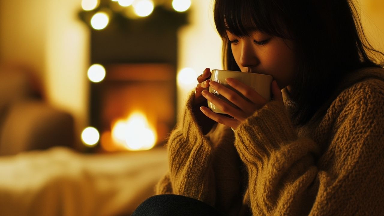 夜のリラックスタイムにお茶を飲む女性。お茶のタンニンによる鉄分吸収阻害を避けるには食間や就寝前の摂取が理想的