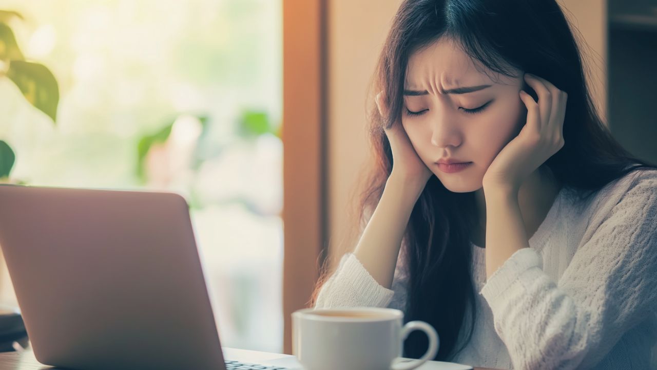 体調が悪い女性のイメージ。生理中のめまいや立ちくらみ、貧血による不調を表現。