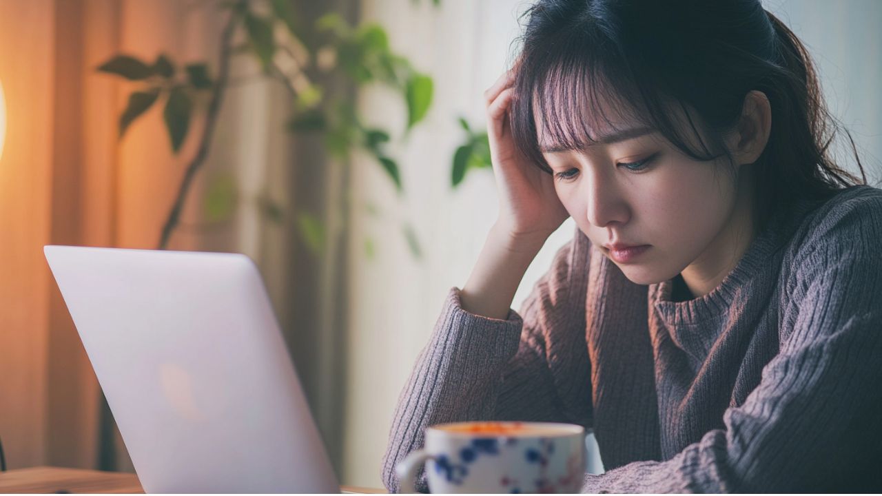 血液検査で貧血の兆候を知り、日常生活に不調を感じている女性。鉄分不足による疲労や集中力低下の様子