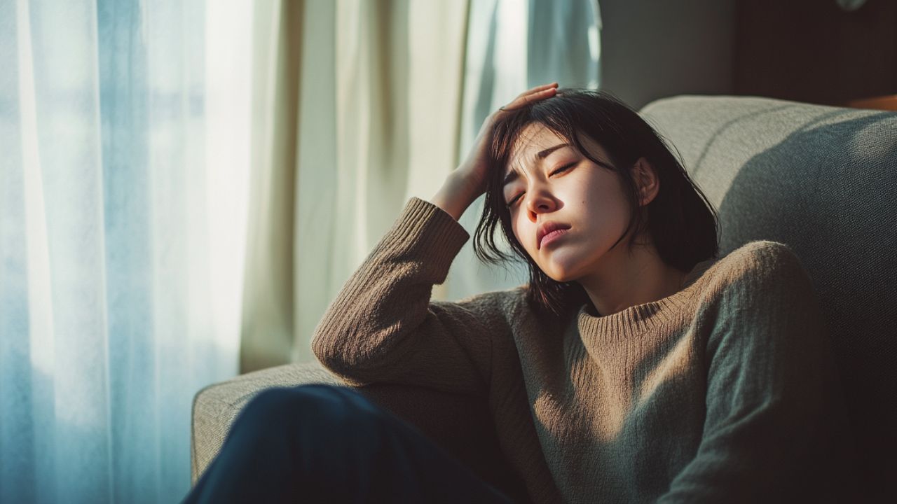 不定愁訴により疲労感や倦怠感に悩む女性。原因不明の不調が続き、日常生活に支障を感じている様子