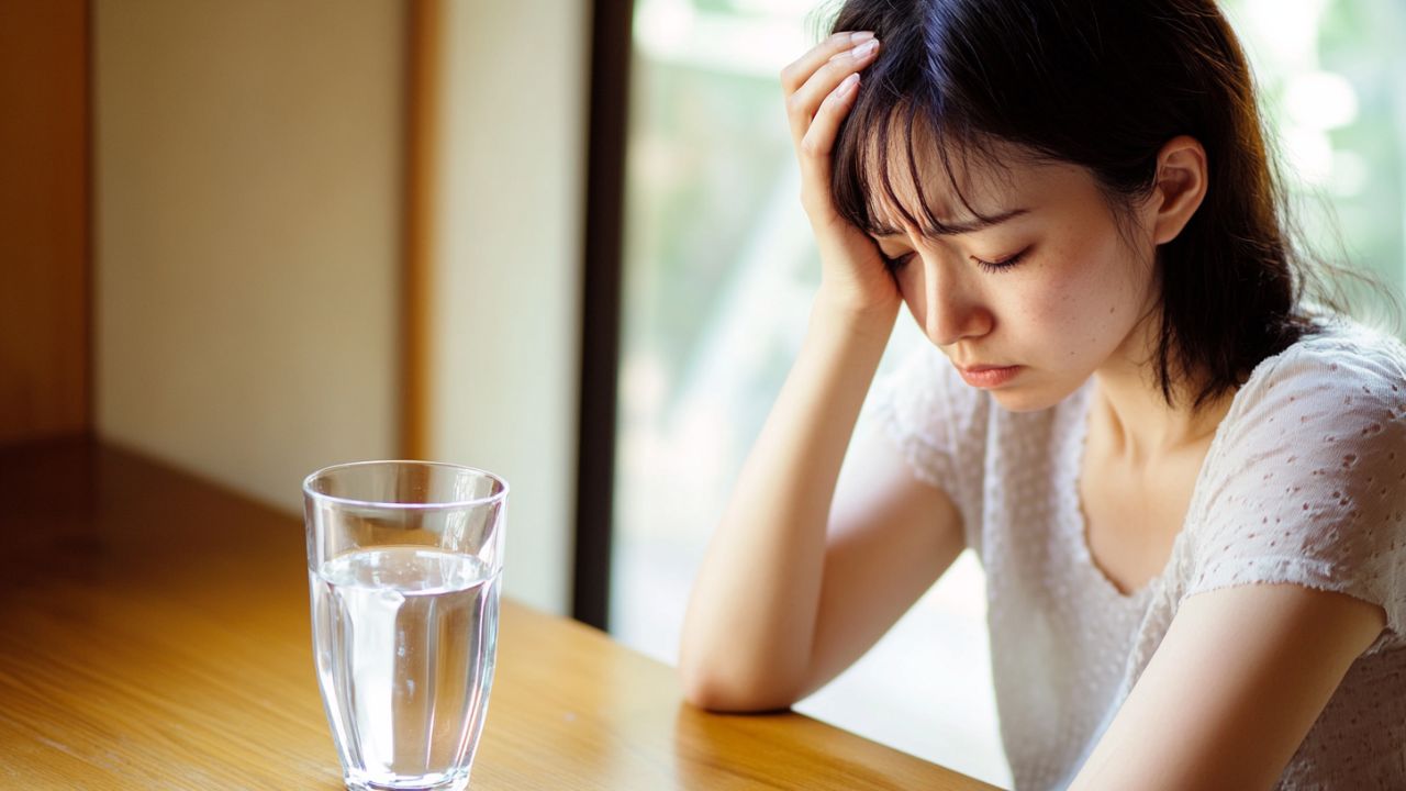 机に座り悩む女性。酸素不足による症状として、集中力の低下や思考力の鈍化が挙げられる。
