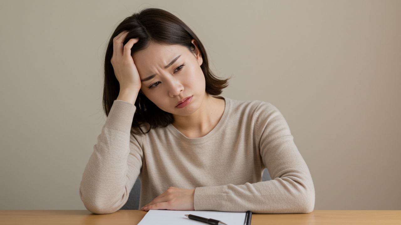 疲労感や倦怠感に悩む女性。溶血性貧血の症状は息切れ、動悸、黄疸などがあり、原因によって異なることがある