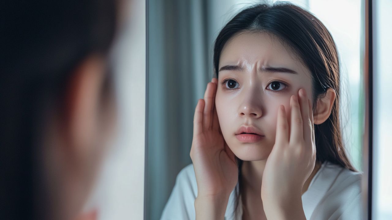 貧血の症状として現れる顔色の変化を気にして、鏡を見ながら肌をチェックする女性