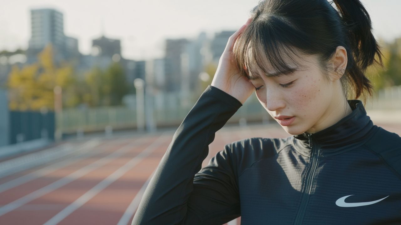 頭をおさえて疲労を感じる女性アスリート。スポーツ貧血は鉄分不足によって疲労感や集中力の低下を引き起こすことがある