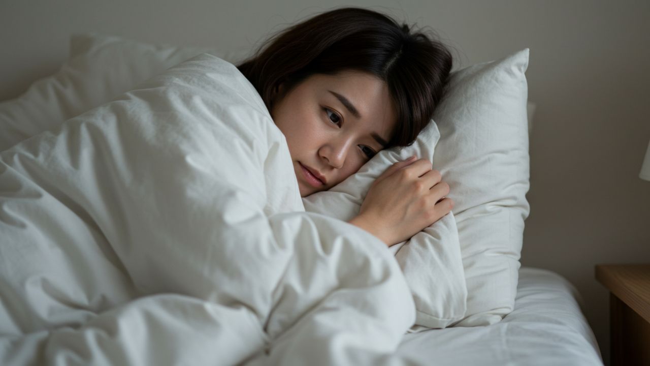 疲労感でベッドに横たわる女性。鉄欠乏性貧血の診断前に現れる代表的な症状の一つである慢性的な倦怠感