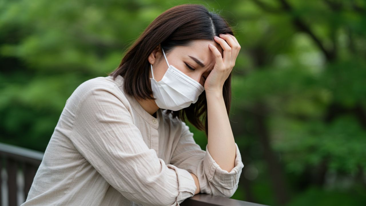 貧血による疲労感やめまいに悩む女性が、頭を抱えている様子
