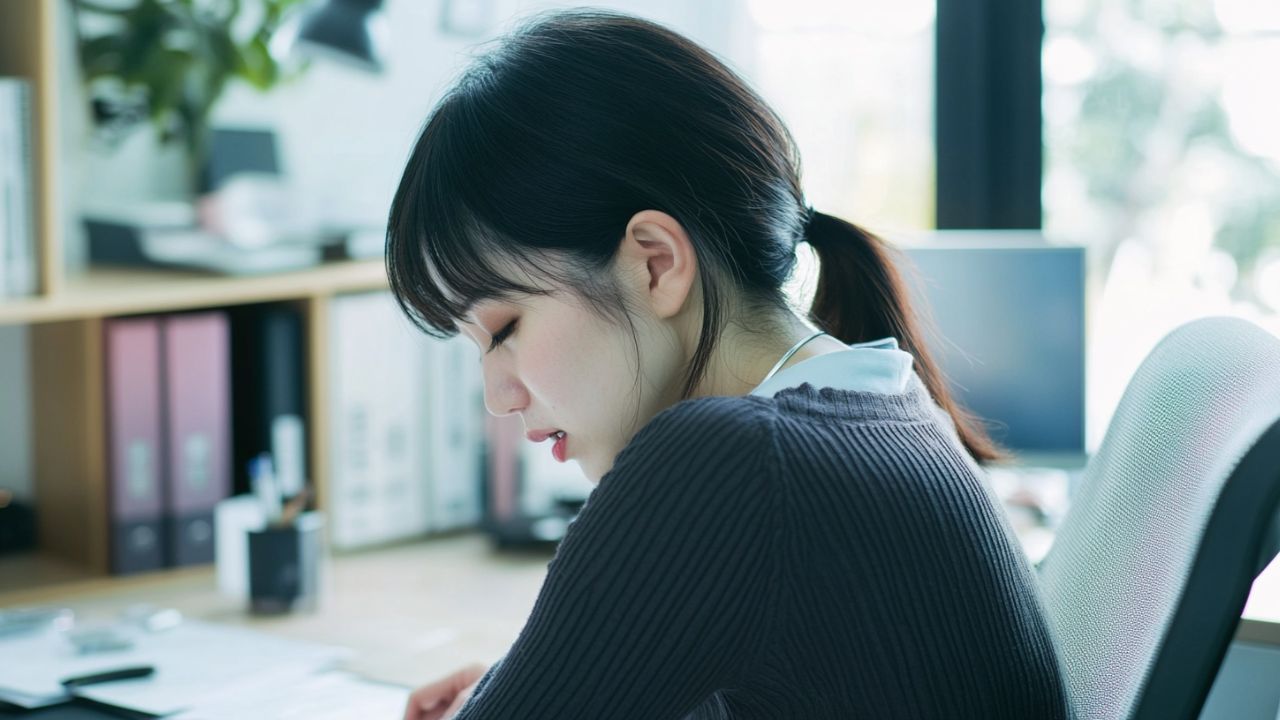 巨赤芽球性貧血による疲労や集中力の低下に悩む女性。日常生活に影響を与える症状の一例