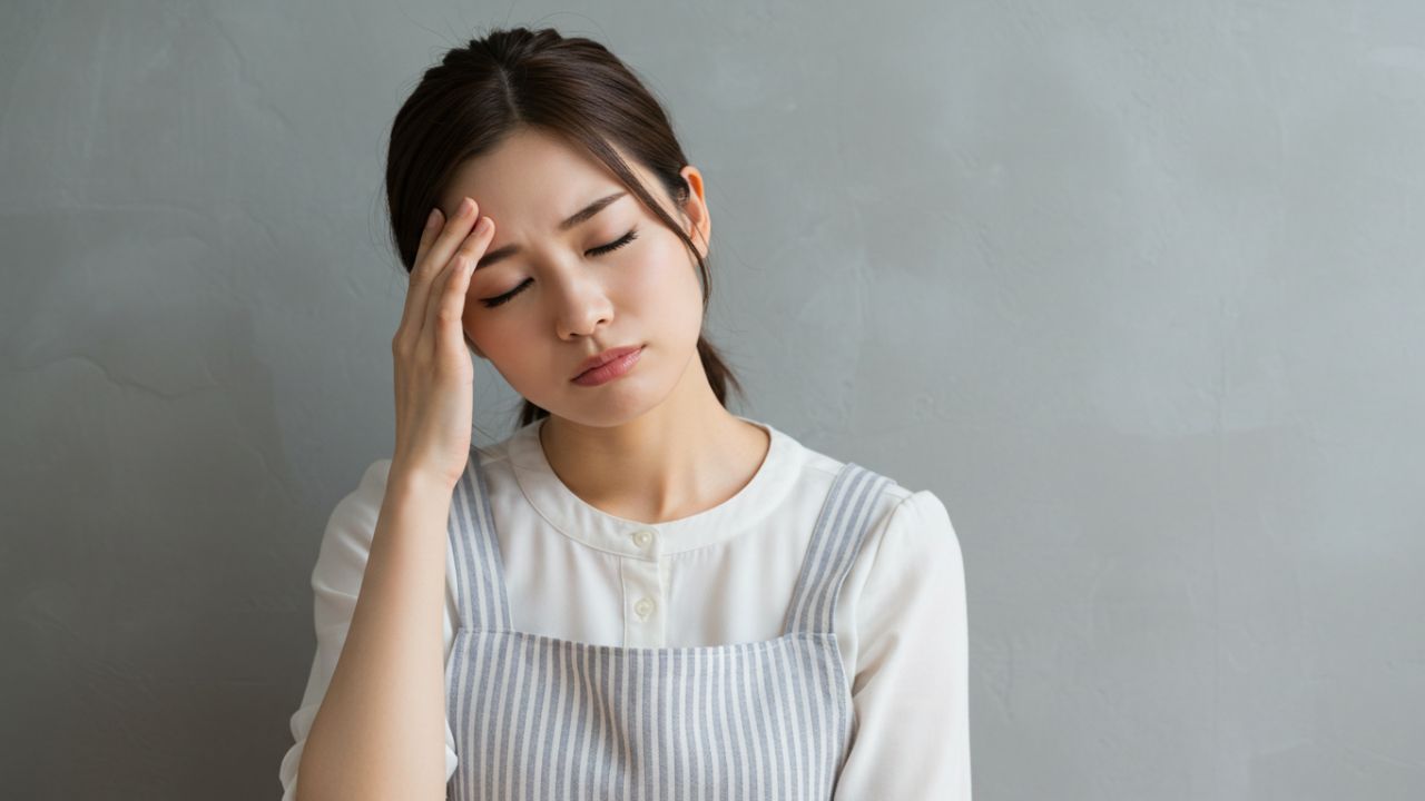 貧血や低血圧による頭痛や疲労感に悩む女性のイメージ。日常生活に支障をきたす症状の一例