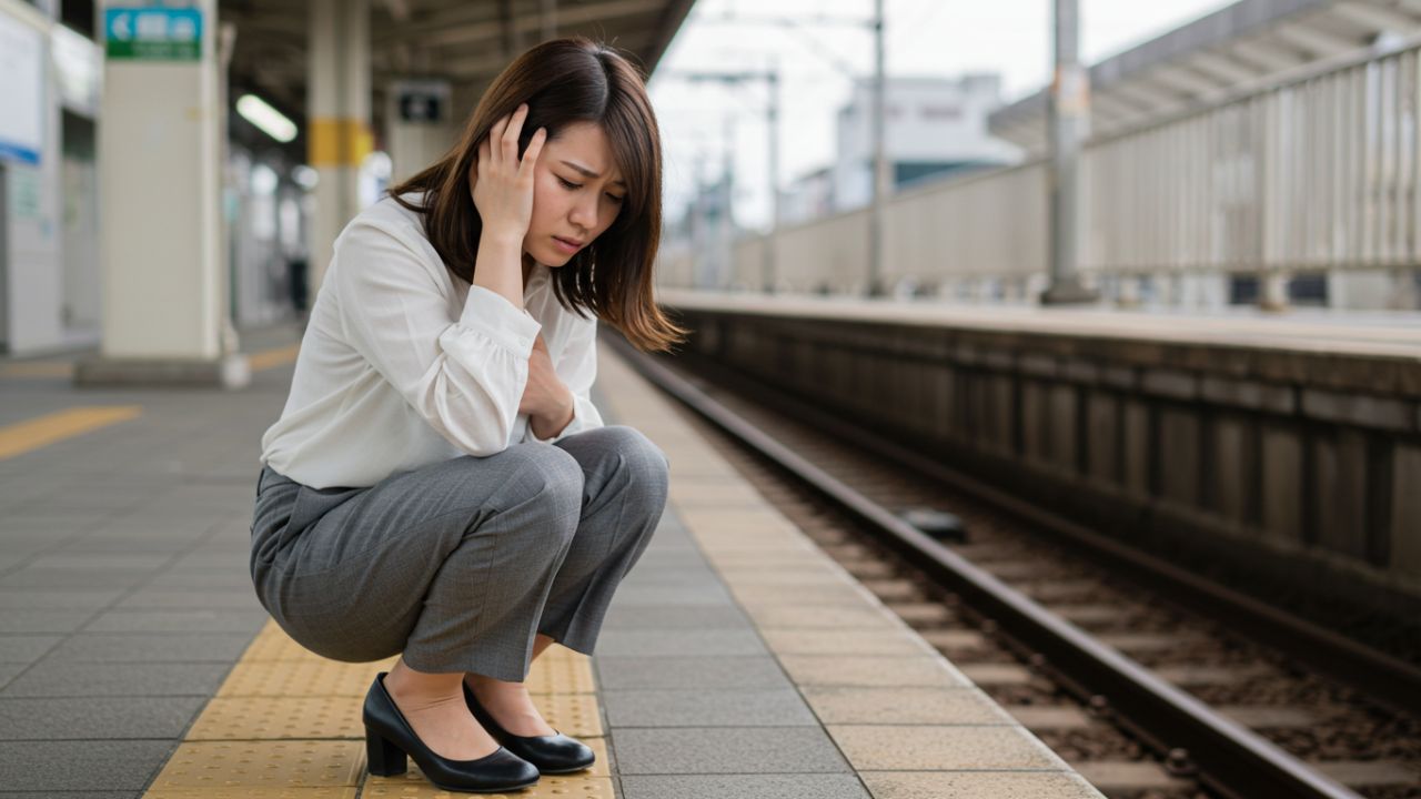 貧血による疲労感やめまいに悩む女性が、頭を抱えている様子