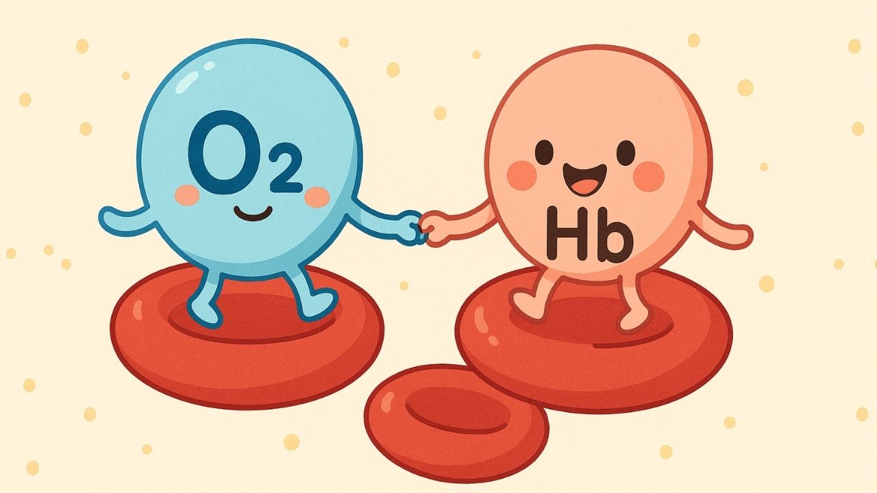 酸素とヘモグロビンの結びつきを示すかわいいイラスト。鉄分の働きにより酸素は全身に運ばれ、生命維持に不可欠