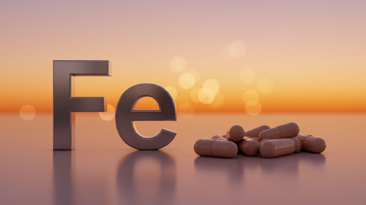 鉄分の働きについて解説する記事のイメージ画像。鉄分を象徴する「Fe」の文字とサプリメントが配置され、体内での重要な役割を示唆するビジュアル