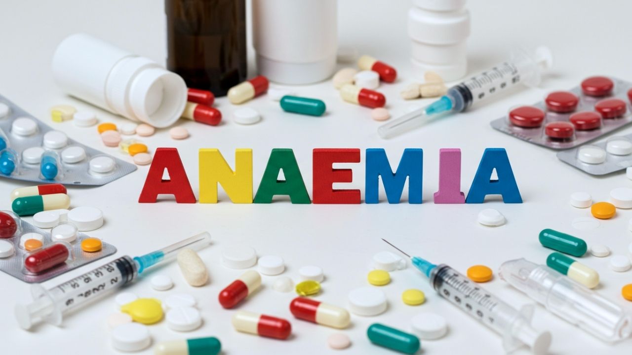 貧血（anaemia）の医療的側面を示すイメージ。貧血とは体内の鉄分不足が原因で医療的対応が必要な症状であることを示唆。