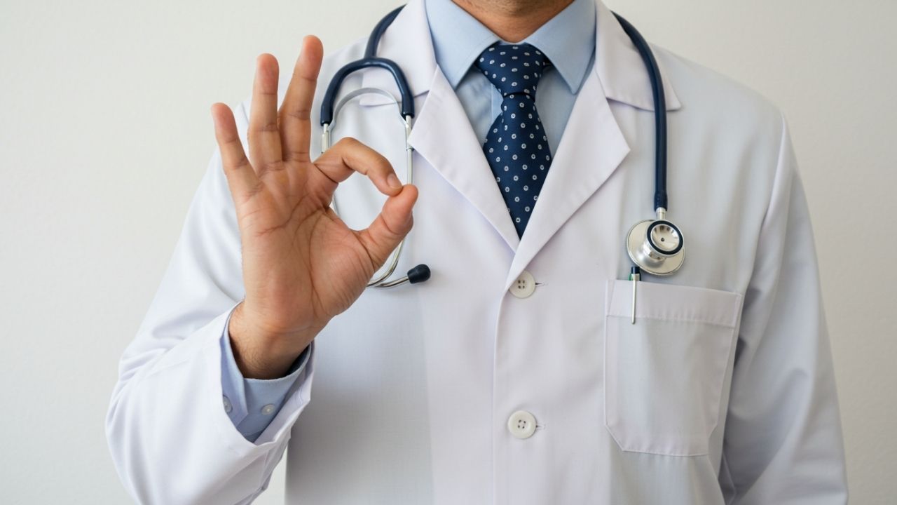 医師がOKサインを出す姿。血液検査でのコレステロール管理は早期の対応と習慣改善で良好な結果が得られる