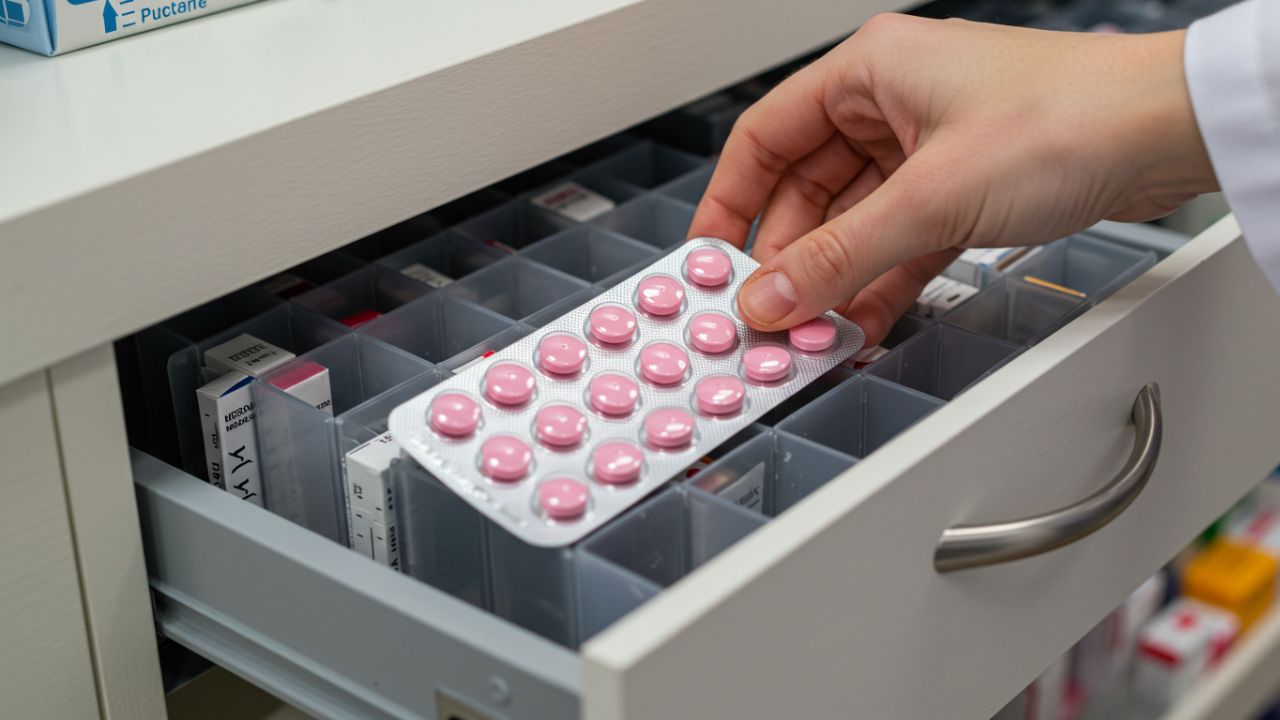 鉄分補給のための医薬品イメージ。ピンク色の錠剤が入った薬シートを手に持つ。