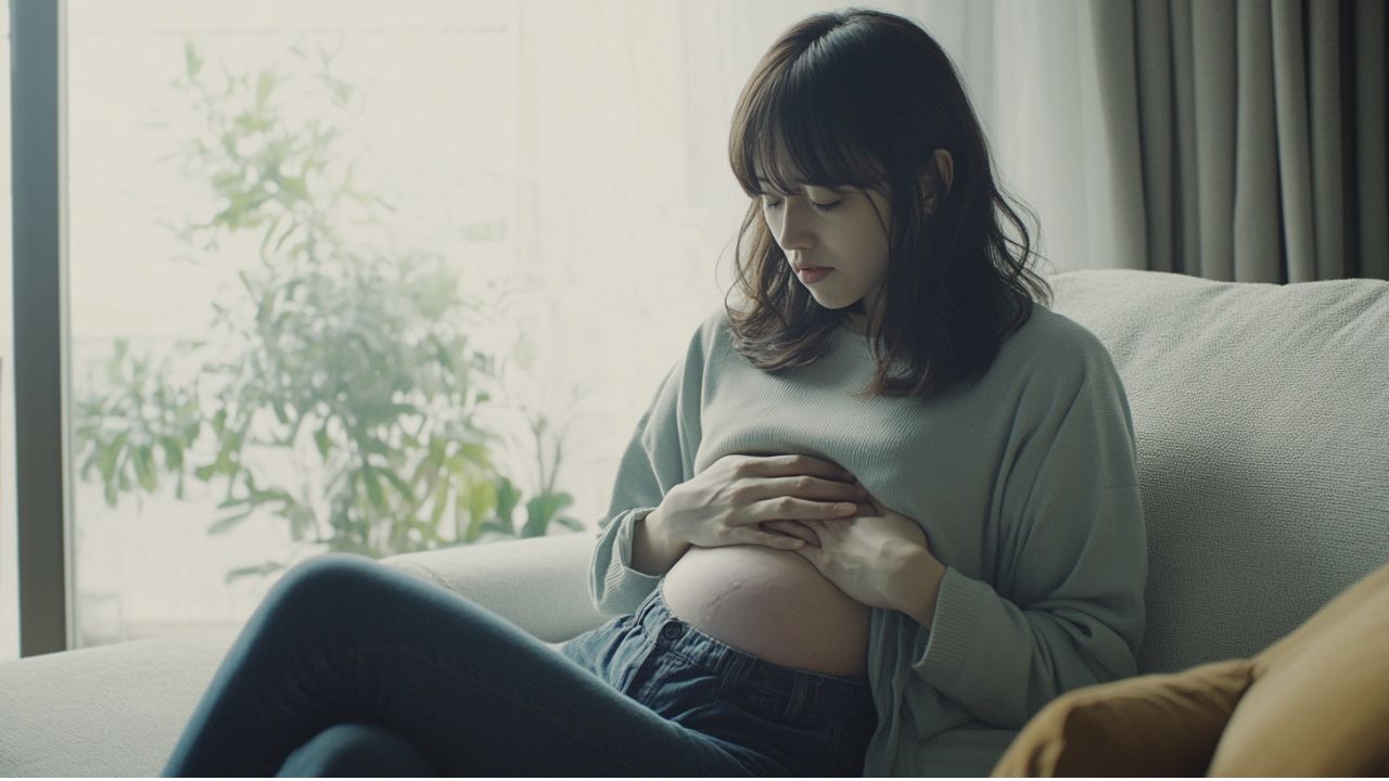 室内でお腹を抱え、体調不良を感じている妊婦。妊娠中の貧血によるめまいや倦怠感を示唆するイメージ