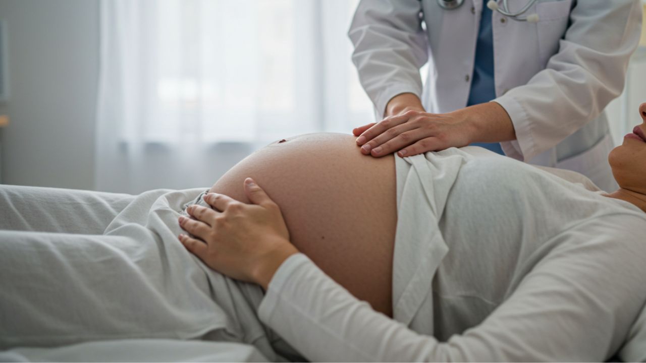 診察室で医師が妊婦のお腹を診察する様子。妊娠中の貧血検査や定期健診の重要性を示すイメージ