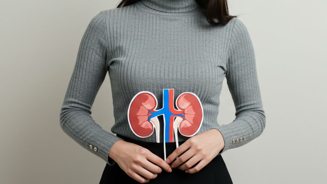 疲労感や倦怠感など二次性貧血・腎性貧血に見られる症状を象徴するように立つ女性の写真。慢性疾患による生活への影響や心身の負担を示唆。