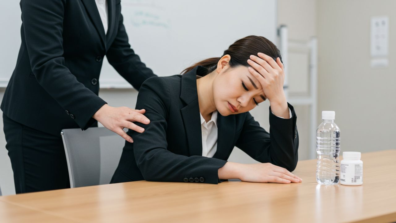 仕事中に強い倦怠感とイライラを感じる女性。鉄分不足による精神的ストレスの典型的な症例を描写。