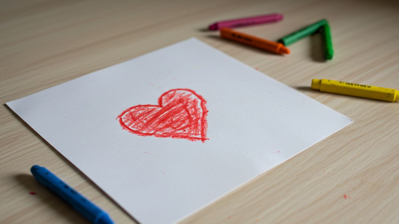 赤いハートが描かれた手紙と色鉛筆のイメージ。心のケアや感情との向き合い方を通じて、脳貧血の背景にあるストレスや不安の対策を示唆するビジュアル。