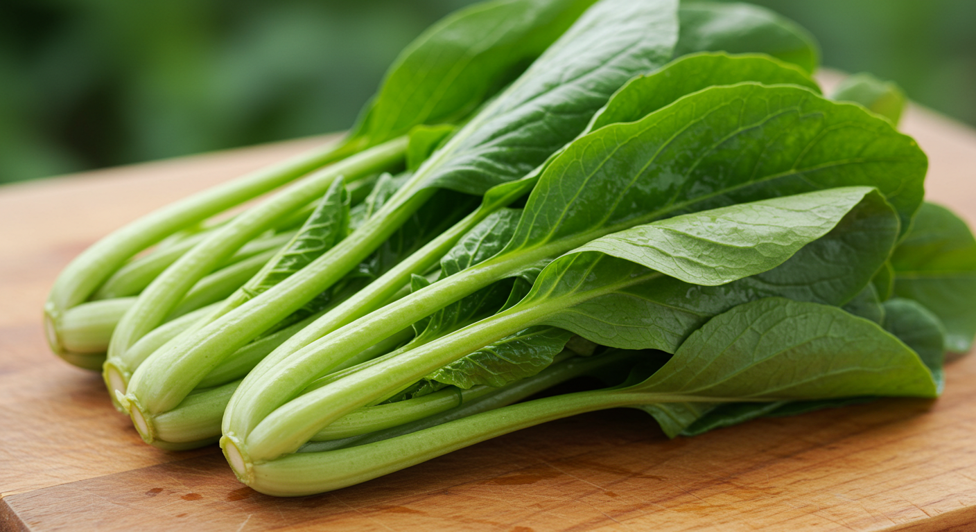 鉄分を多く含む小松菜とほうれん草。鉄分補給に適した葉物野菜が木製テーブルの上に並ぶ