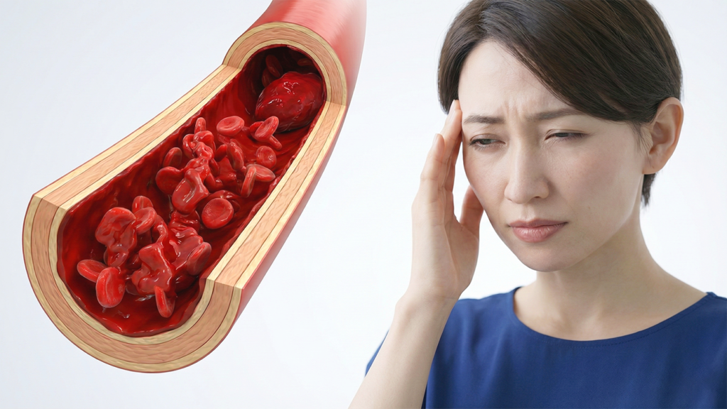 ヘモグロビン値が高すぎる場合の血栓リスクと頭痛のイメージ