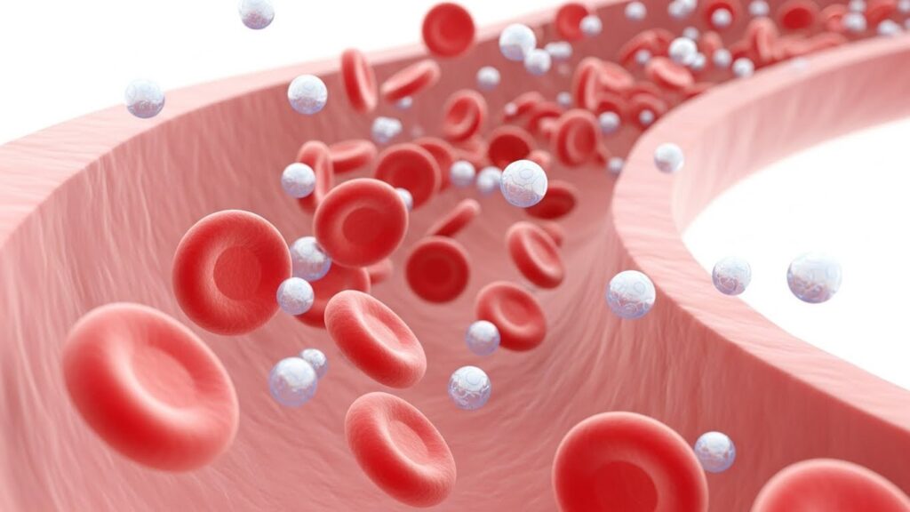 血管内を流れ酸素を運搬する赤血球とヘモグロビンのイメージ