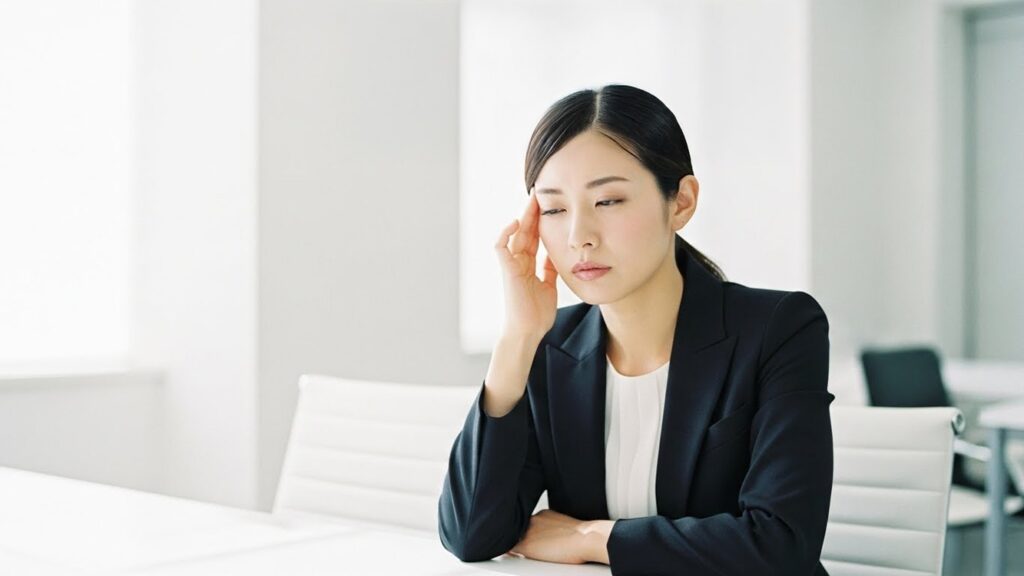 ヘモグロビン量低下による貧血で頭痛やめまいを感じる女性
