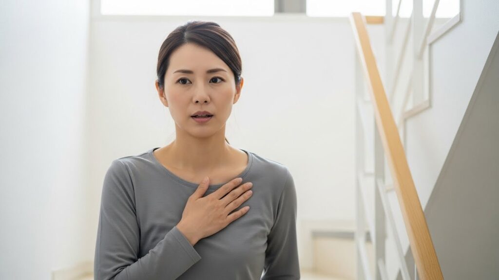 貧血の症状として動悸や息切れを感じて胸に手を当てる女性