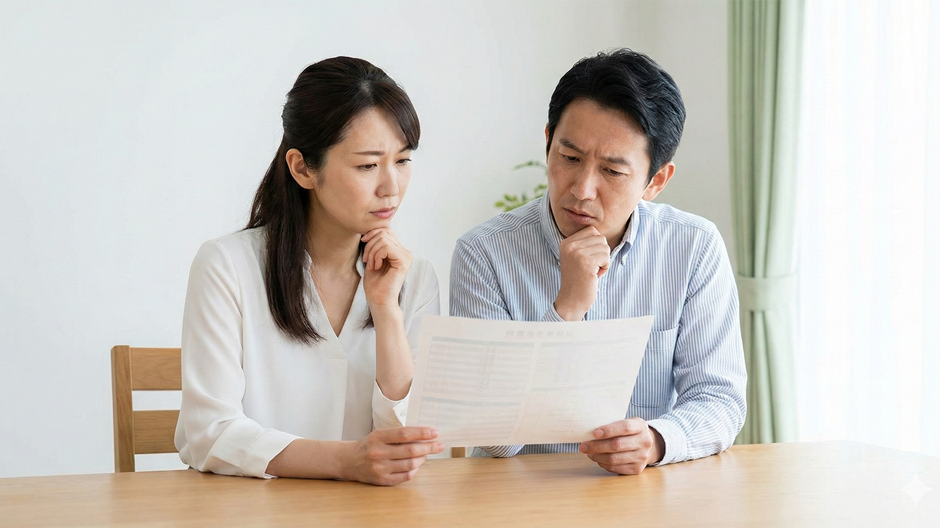 健康診断のヘモグロビン数値の結果を見て貧血を心配する夫婦