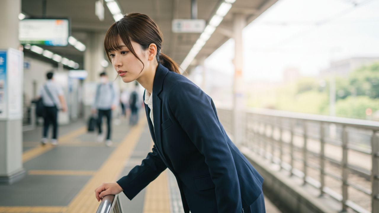 電車のホームでしゃがみ込む女性｜日常生活中に起こる脳貧血の原因を探るきっかけとなるシーン