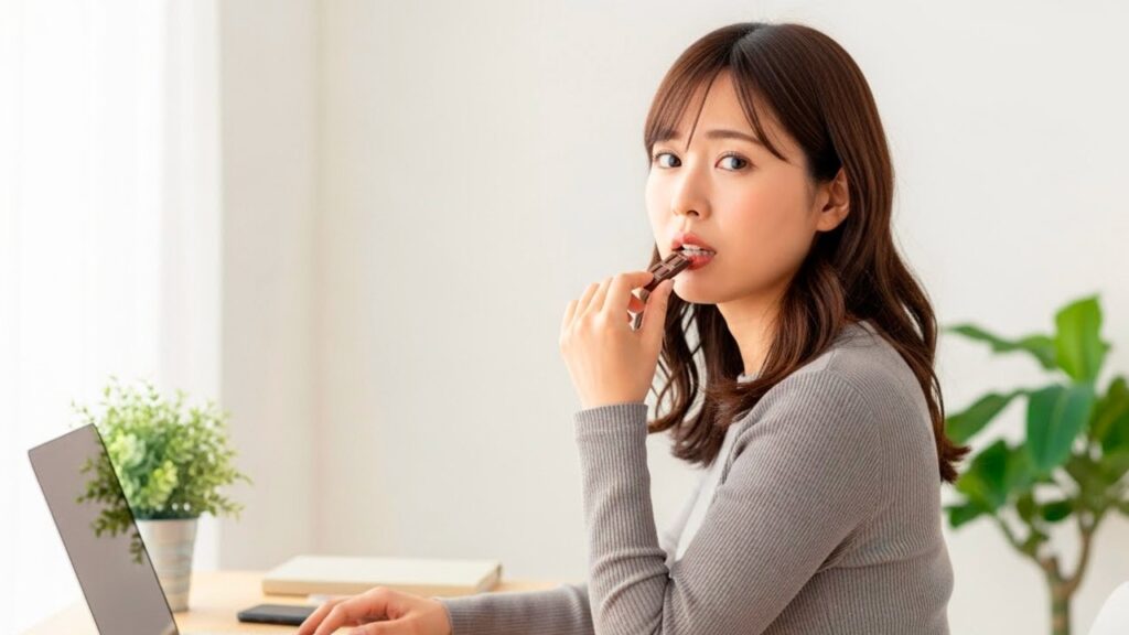 仕事中にエネルギー不足を感じてチョコレートなどの甘いものを食べる女性