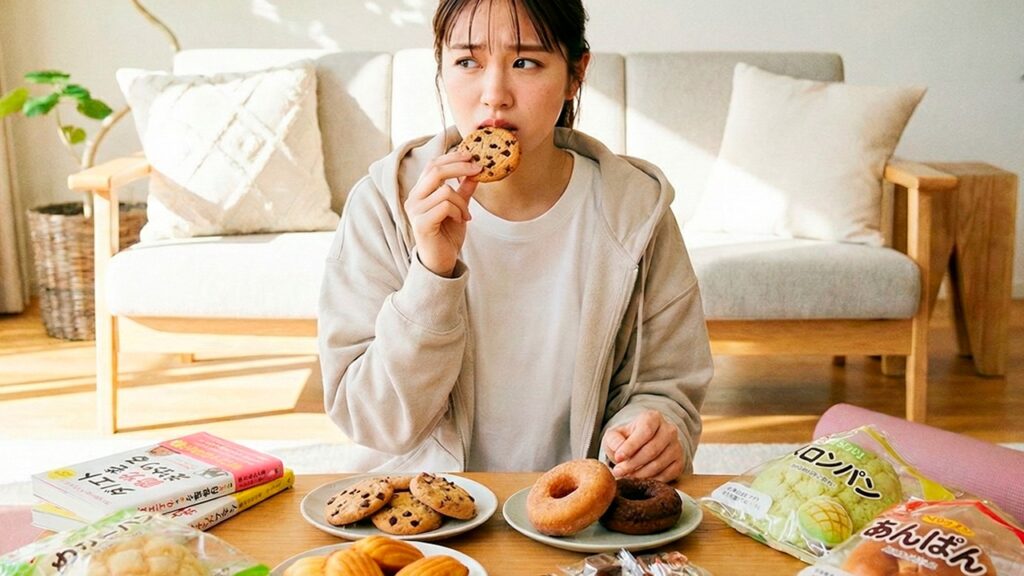 甘いものがやめられないと悩みながらお菓子を食べてしまう女性