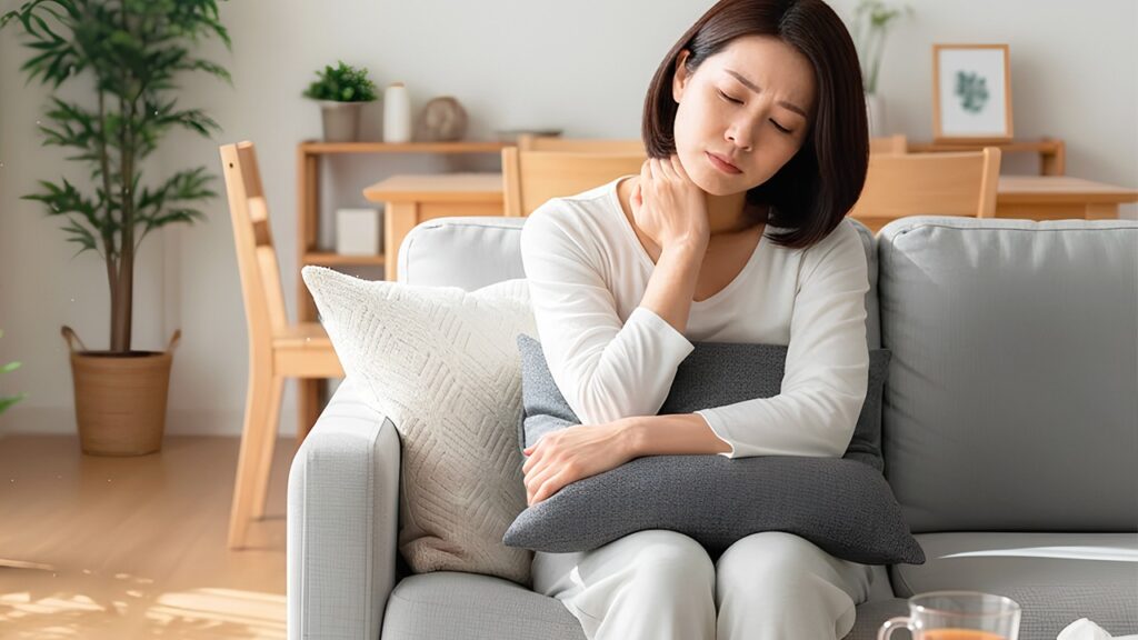 鉄分不足によりエネルギー産生が低下し、疲れやだるさを感じている女性