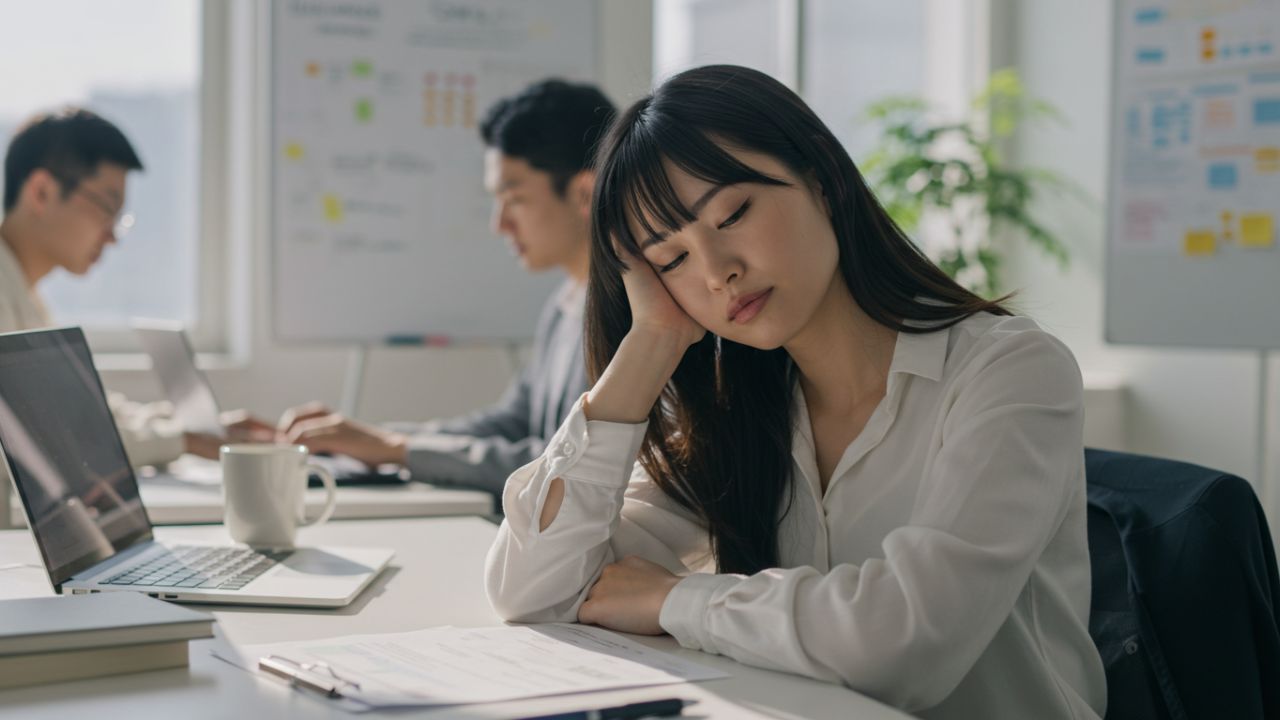 職場で強い眠気を感じてうつむく女性。貧血による酸素不足が眠気や集中力低下の原因になることがある
