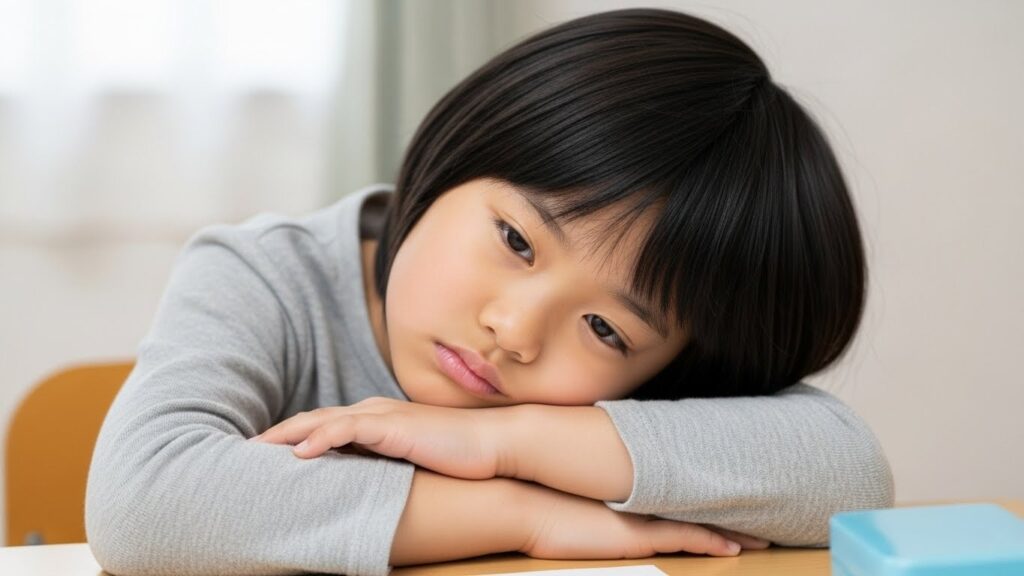 机に突っ伏してぐったりしている小学生の女の子【子供に多い鉄欠乏性貧血の原因】